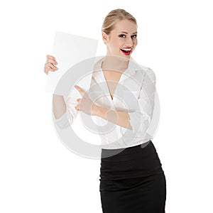 A businesswoman holding white board