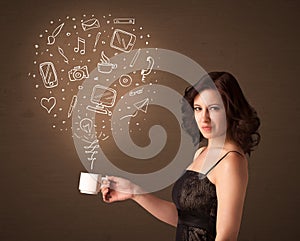 Businesswoman holding a white cup with social media icons