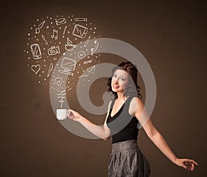 Businesswoman holding a white cup with social media icons