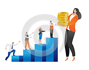 Businesswoman holds coins stack, men and a woman ascending graph bars. Financial success, growth, earnings