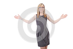 Businesswoman holds her arms wide open