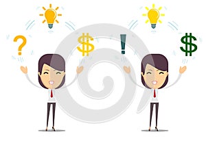Businesswoman with idea, bulb and money. Business creativity concept.
