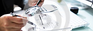 Businesswoman Investigation Finance Using Magnifying Glass