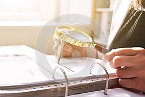 Businesswoman Investigation Finance Using Magnifying Glass