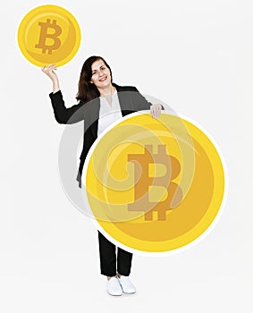 Businesswoman investing in bitcoin cryptocurrency electronic cash