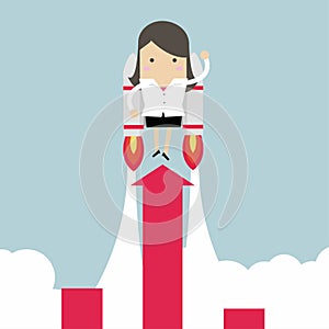 Businesswoman with jetpack and graph fling up.