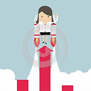 Businesswoman with jetpack and graph fling up. photo