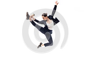 Businesswoman jumping in dance while golding paper cup isolated on white