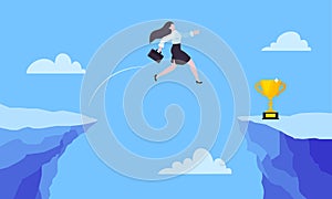 Businesswoman jumps over the abyss across the cliff flat style design vector illustration.