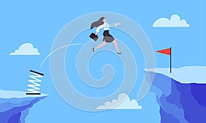 Businesswoman jumps over the abyss across the cliff flat style design vector illustration.