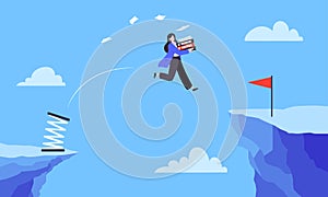 Businesswoman jumps over the abyss across the cliff flat style design vector illustration.