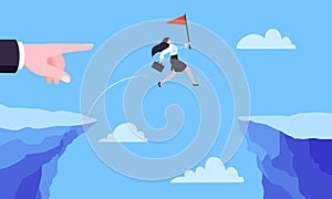 Businesswoman jumps over the abyss across the cliff flat style design vector illustration.