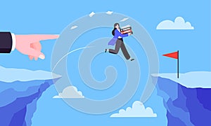 Businesswoman jumps over the abyss across the cliff flat style design vector illustration.