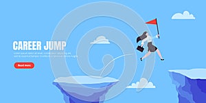 Businesswoman jumps over the abyss across the cliff flat style design vector illustration.