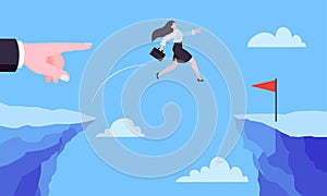 Businesswoman jumps over the abyss across the cliff flat style design vector illustration.