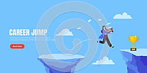 Businesswoman jumps over the abyss across the cliff flat style design vector illustration.