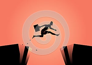 Businesswoman jumps over the ravine