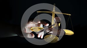 Businesswoman with justice hammer and weighing scales 3D rendering