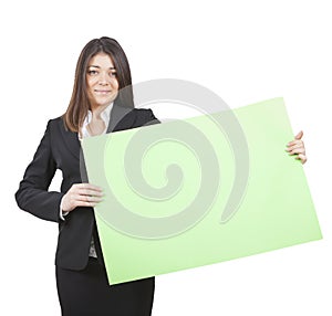 Businesswoman keeping signboard