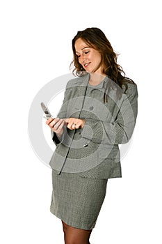 Businesswoman keying numbers