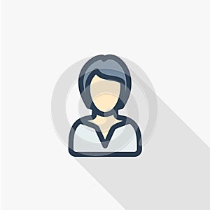 Businesswoman, lady avatar, business thin line flat color icon. Linear vector symbol. Colorful long shadow design.