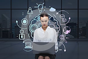 Businesswoman with laptop and brain sketch, double exposure