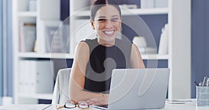Businesswoman, laptop and smile for work in office with chic, elegant and trendy fashion. Female writer, professional or