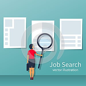 Businesswoman with large magnifying glass looking for work