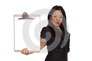 Businesswoman - Latina presenting clipboard