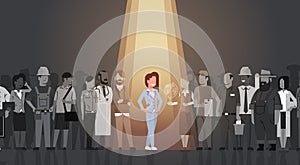 Businesswoman Leader Stand Out From Crowd Individual, Spotlight Hire Human Resource Recruitment Candidate People Group