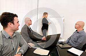 Businesswoman and leader team use white board drawing explains colleagues graph of development business plan and creative ideas.