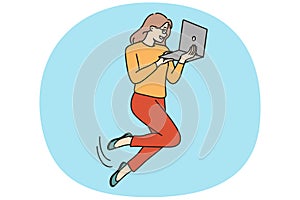 Businesswoman levitate in air work on computer