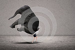 Businesswoman lifting heavy elephant