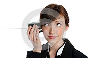 Businesswoman Listening to Tin Can Phone