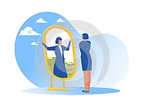 Businesswoman looking at herself in mirror dreaming about money or ruch wealth  flat vector illustrator