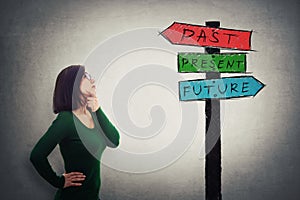 Businesswoman looking at road sign