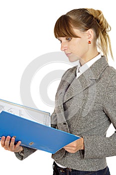 Businesswoman looks through portfolio