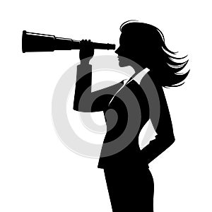 Businesswoman looks telescope silhouette. Forecast, vision in business concept