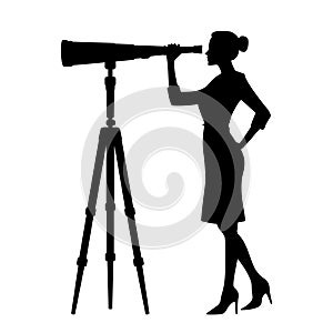 Businesswoman looks telescope silhouette. Forecast, vision in business concept