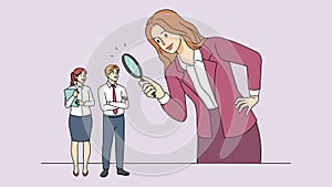 Businesswoman with magnifier look for job candidate