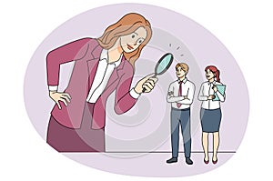 Businesswoman with magnifier look for job candidate