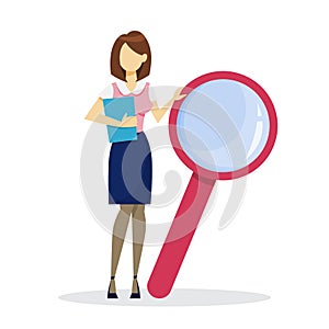 Businesswoman with magnifying glass. Business research and expertise