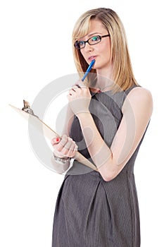 Businesswoman make notes using wooden clipboard