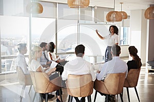 Businesswoman Making Presentation Shot Through Doorway