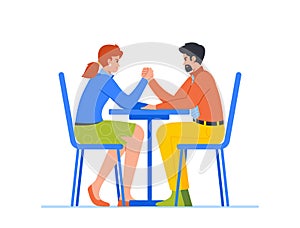 Businesswoman And Man Competing In An Arm-wrestling Match, Displaying Strength And Determination Vector Illustration