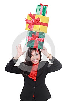 Businesswoman with many gifts over the head