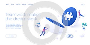 Businesswoman matching puzzle illustrtion in isometric vector design. Teamwork or right business decision concept. Web banner