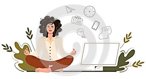 Businesswoman meditates in the office. Concept yoga, relax, trying to release stress at work