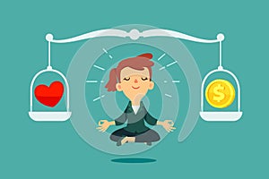 businesswoman meditating with heart and gold coin on balance scale