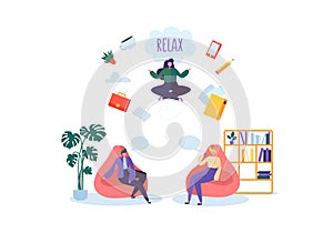 Businesswoman Meditating on Stressful Office Work. Business Characters Relaxing on Coffee Break. Meditation Yoga Concept